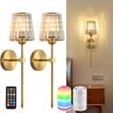 Battery Operated Crystal Wall Sconces Set of 2, Gold Wireless Wall Sconce with USB Rechargeable LED Light Bulbs 12 Colors Dimmable Crystal Wall Lamp with Remote for Bedroom Living Room, Bulbs Included