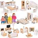 Toyssa Dollhouse Furniture Set, 36PCS Beech Wood and Plastic Miniature Doll House Accessories with Modern 5 Rooms & 4 Flexible Family Dolls, Pretend Play Toys Birthday Gift for Toddlers 3 4 5 6
