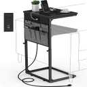 C Shaped End Table with Charging Station, Side Table for Living Room Bedroom, Slide Under Couch Sofa TV Trays Desk, Small Narrow Space Applicable, Black