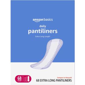 Amazon Basics Daily Pantiliner, Extra Long Length, Thin Feminine Pads for Women, Unscented, Leak Protection, Daily Use, 68 Count (Previously Solimo)