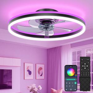 VOLISUN RGB Ceiling Fans with Lights and Remote, 20in Low Profile Ceiling Fans with Lights Flush Mount, 3000K-6500K Dimmable Fandelier LED Fan Light, Black Bladeless Ceiling Fans for Bedroom