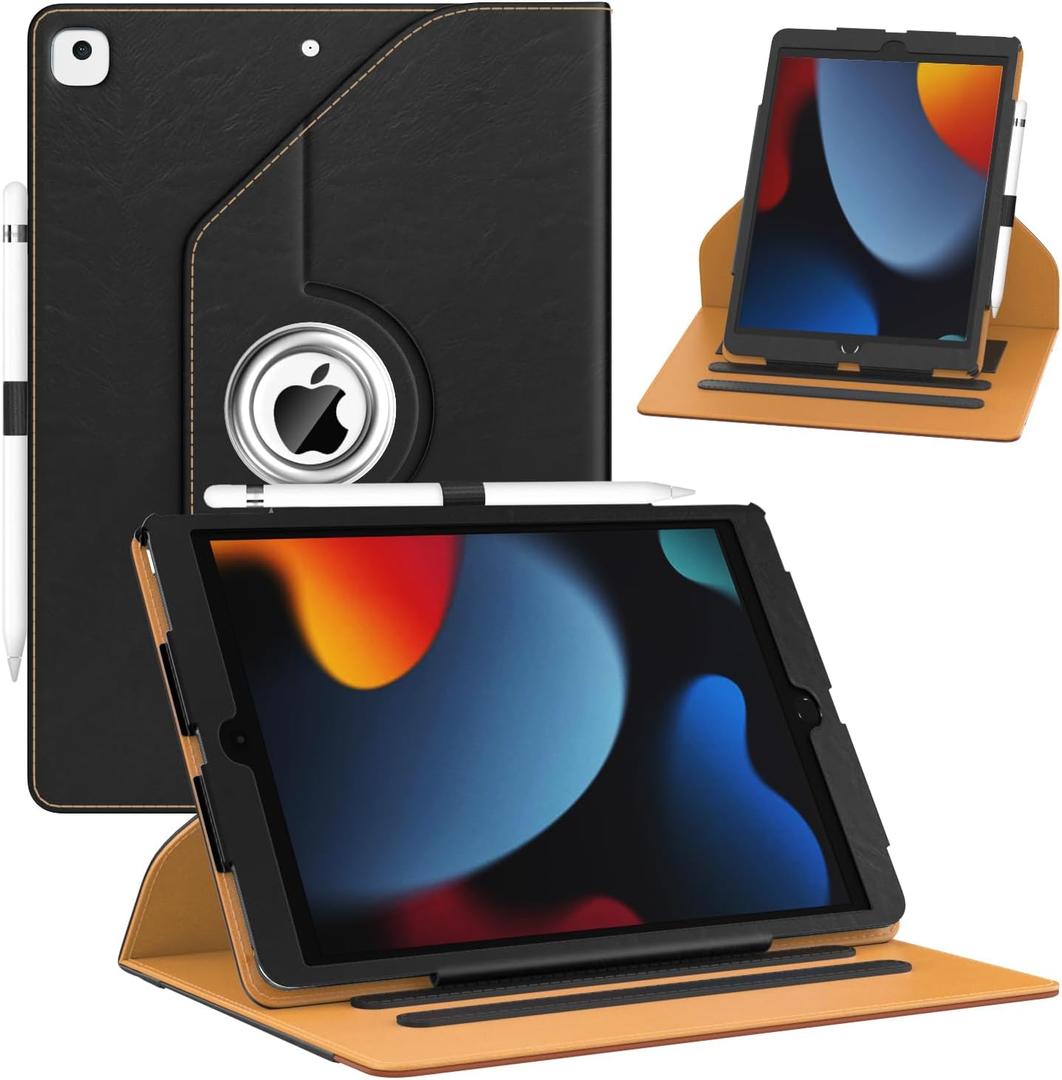 for New iPad 9th/ 8th/ 7th Generation Case, iPad 10.2 Case, 360 Degree Rotating Multi-Angle Viewing Stand, Leather Cover with Pencil Holder for iPad 10.2 inch 2021/2020/ 2019 - Black/Brown