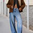 Yousify Womens Cropped Wool Blend Pea Coat Casual V Neck Button Down Short Jackets Fall Shackts with Pockets (Medium, Brown)