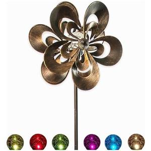 SteadyDoggie Wind Spinner - Garden Decor Spinners with Solar Powered Multi-Color LED Glass Ball Light - Dual Direction Kinetic Metal Copper Bronze Windspinners 6ft Tall Flower Sculptures for Outdoor