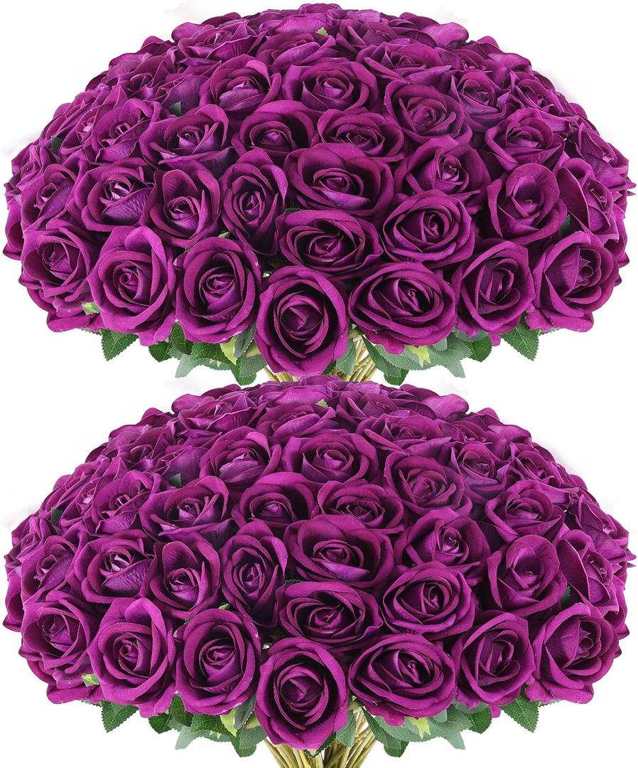 Hananona Artificial Roses in Bulk, Fake Silk Roses Realistic Roses for Wedding Centerpieces Flower Arrangement Home Decor (50, Purple)