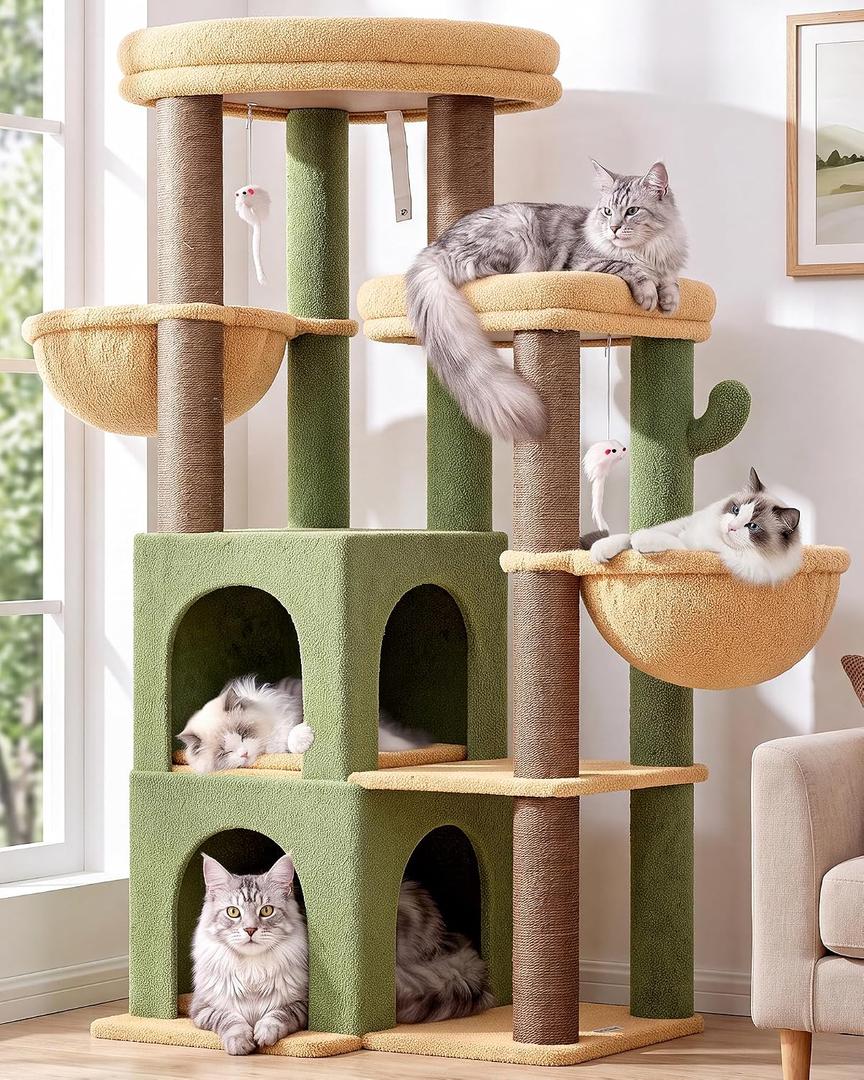 Globlazer Cactus Cat Tree Tower for Indoor Cats Large Adult, S63, Green
63 inch Sturdy Adult Cat Tree House with 2 Platform, 6 Cat Scratching Post, 2 Cat Caves, Dangling Toys