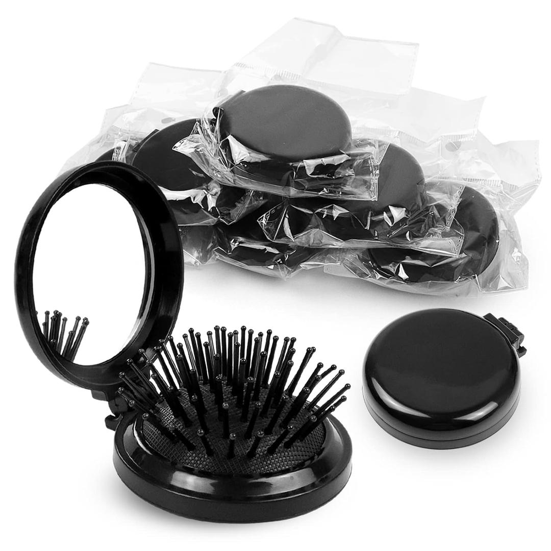 Mini Folding Hair Brush with Mirror - 50 Pack Pocket Travel Brush for Girls, Black