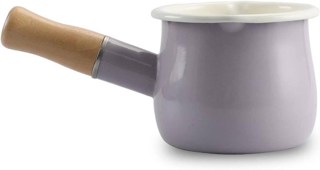 FARCADY 0.6qt Mini Enamel Milk Pot Insulated Wooden Handle 2 Pour Spouts Small Food Warmer Cute Saucepan(D015,Purple)