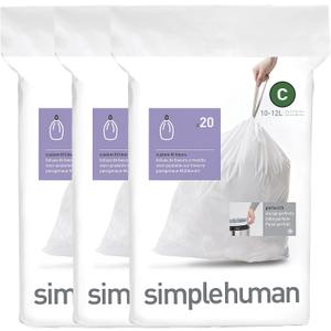 Simplehuman Code C 60 Count, Dispenser Pack Custom Fit Liners, Drawstring Trash Bags, 10-12 Liter / 2.6-3.2 Gallon, White