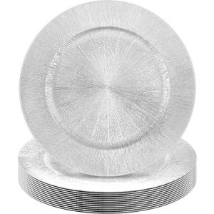 Tanlade 12 Pcs Charger Plates Bulk 13 Inch Plastic Round Wedding Chargers Floral Decorative Plates with Metallic Ruffled Rim for Wedding Party, Holiday Event Supplies(Silver)