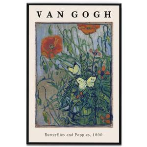 Framed Canvas Print Wall Art Butterflies And Poppies Flowers Painting Reproduction Ready To Hang Living Room Bedroom Kitchen Office Home Decor 16"x 24" Black Framed
