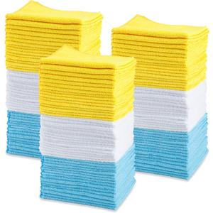 Amazon Basics Microfiber Cleaning Cloths for Cars, Non-Abrasive, Highly Absorbent, Lint and Scratch-Free, Reusable and Washable, Car Detailing Towels, 16" x 12", Blue/White/Yellow, 144-Pack
