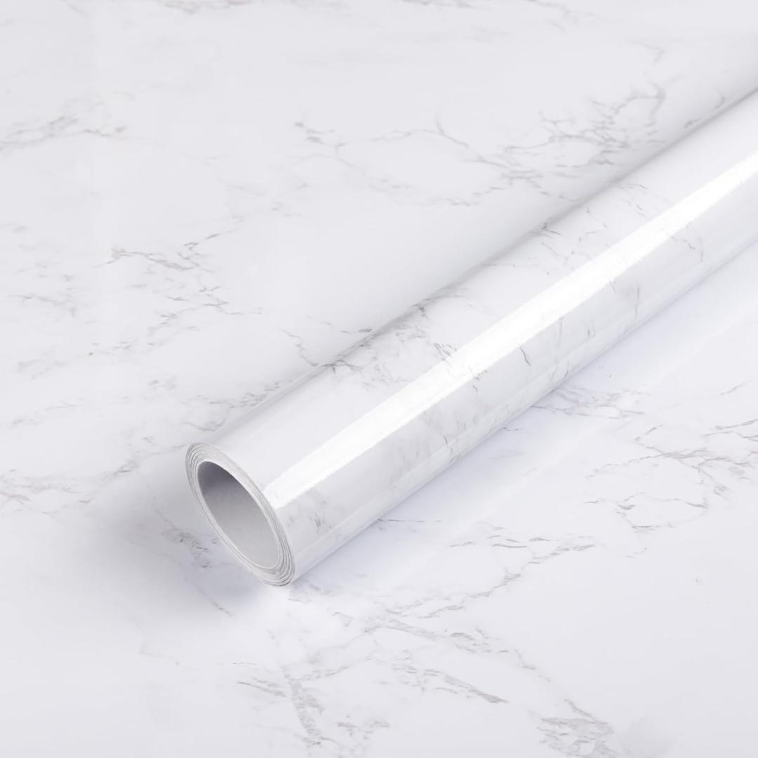 Abyssaly Glossy Marble Contact Paper White Wallpaper Peel and Stick Self Adhesive Waterproof Contact Paper for Countertop Kitchen Cabinets Bathroom 11.8in X 78.7in