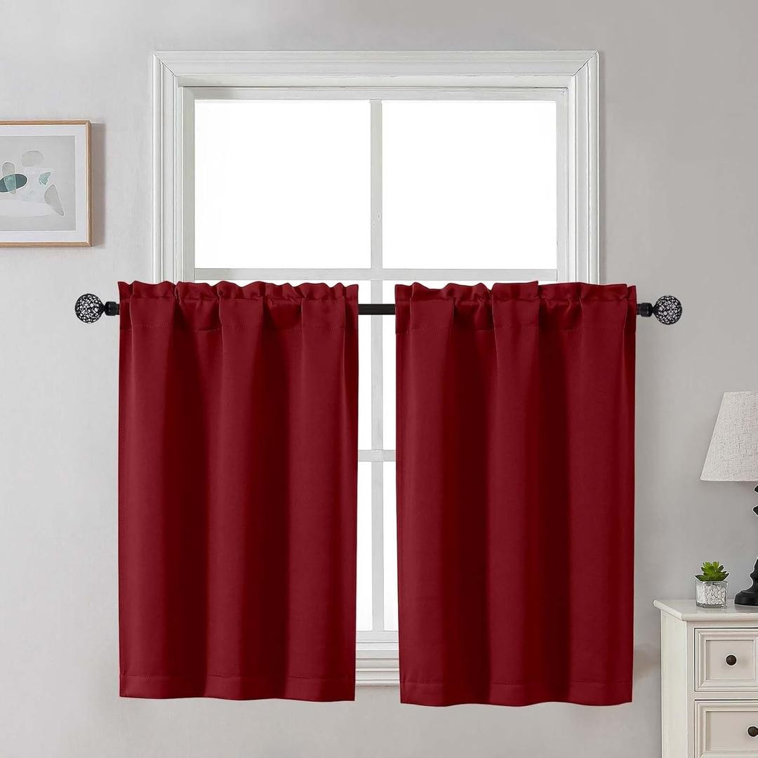 Gwine Kitchen Curtains for Small Window Treatment, Light Filtering Short Cafe Curtains Over Sink, Half Window Drapes Tier for Bedroom Bathroom Rod Pocket, Each 30" Wx36 L, Red, 2 Panels