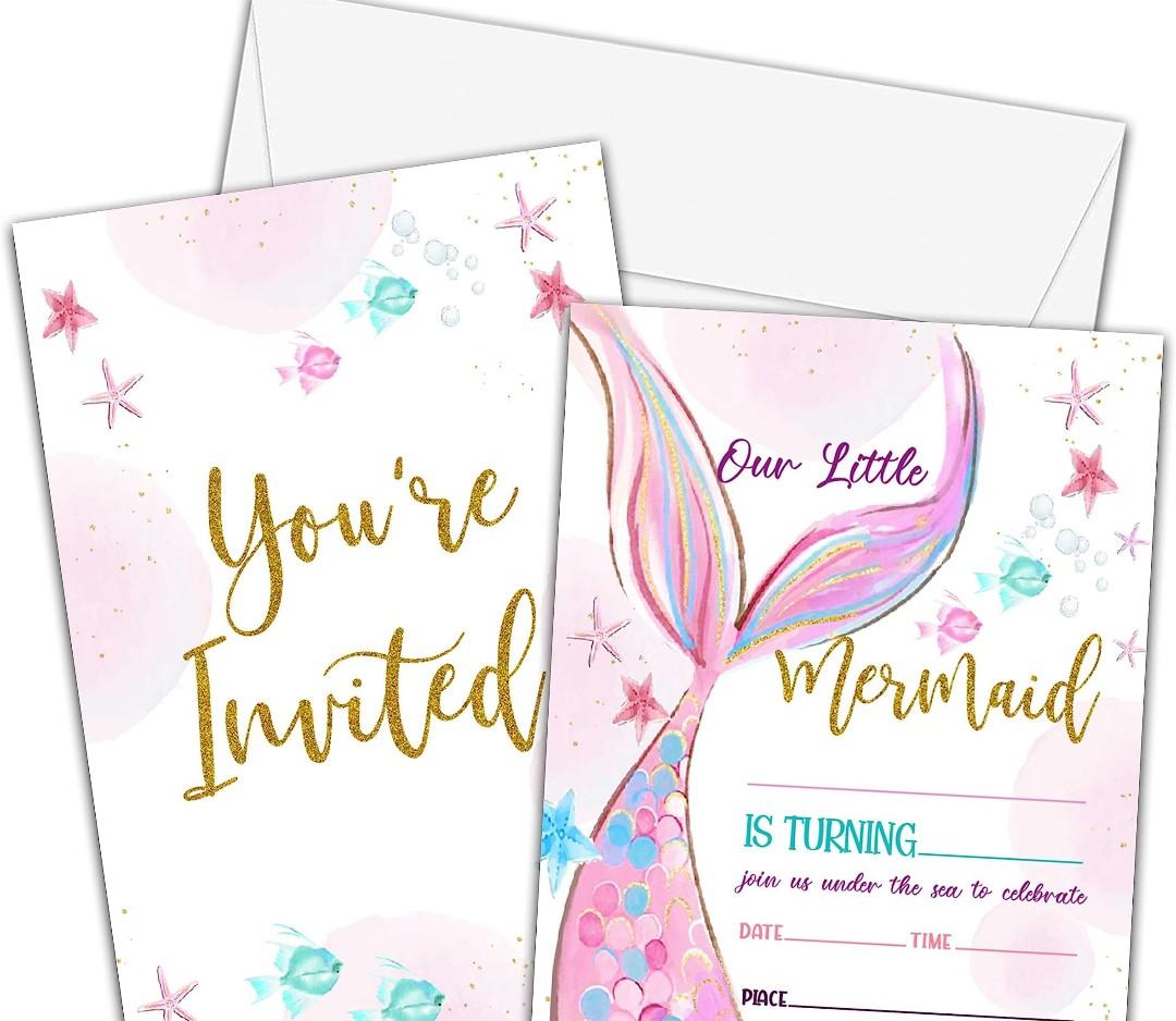 PerKoop 24 Sets Mermaid Birthday Invitations Include Mermaid Party Invitations Cards, Envelopes and Stickers for Girl Ocean Under the Sea Party Decorations Pool Mermaid Birthday Party Supplies