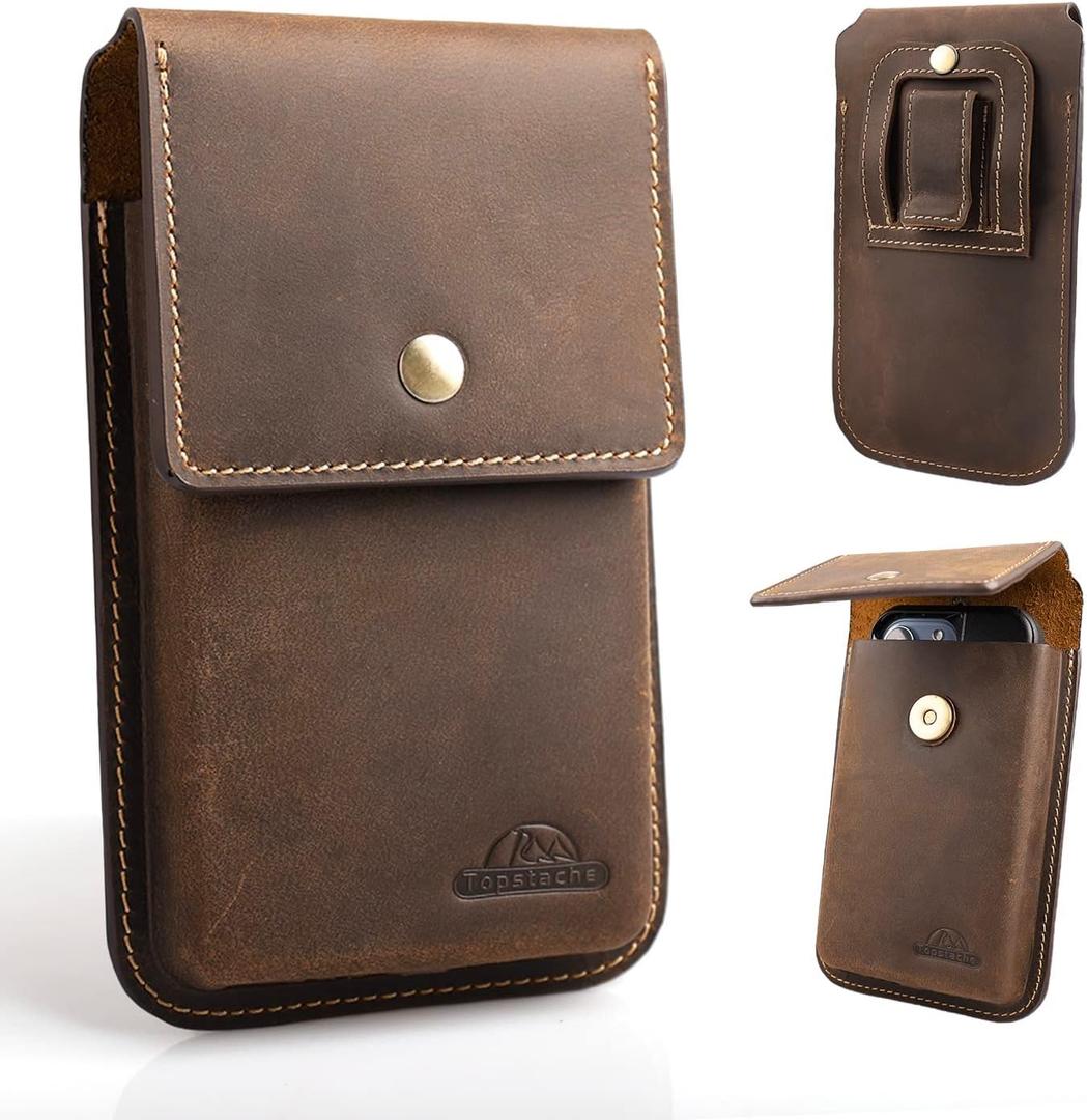 Topstache Leather Cell Phone Holster for Galaxy S25/S24/S23/S22 - Belt Clip Cell Phone Case for iPhone 17/16/15/14/13 - Magnetic Closure Leather Belt Holster Pouch for Men, L,Darkbrown