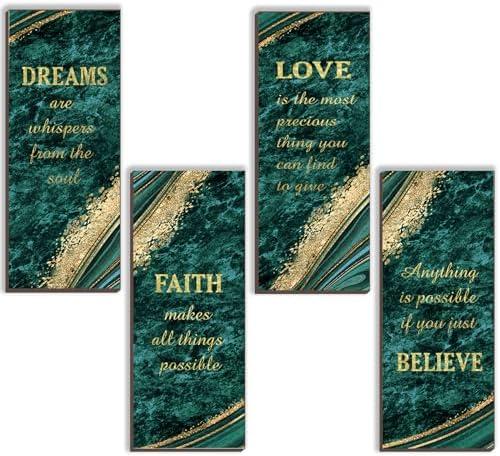 ONIZHITY 4 Pcs Green Gold Bathroom Decor Green Gold Wall Decor with Dreams Faith Love Believe Wooden Rustic Marble Style Versatile Bathroom Accessories for Bedroom Living Room(10X4)