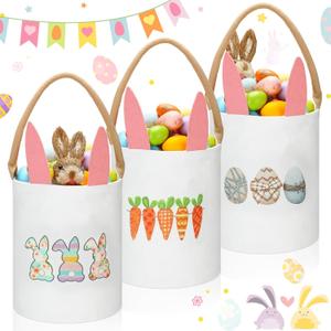 Paterr 3 Pcs Easter Bunny Baskets Large Canvas Easter Candy Egg Bags Cotton Fabric Cloth Cute Pink Rabbit Carrot Bow Print Egg Bucket Tote with Rabbit Ear and Handle for Egg Hunt Party Favors