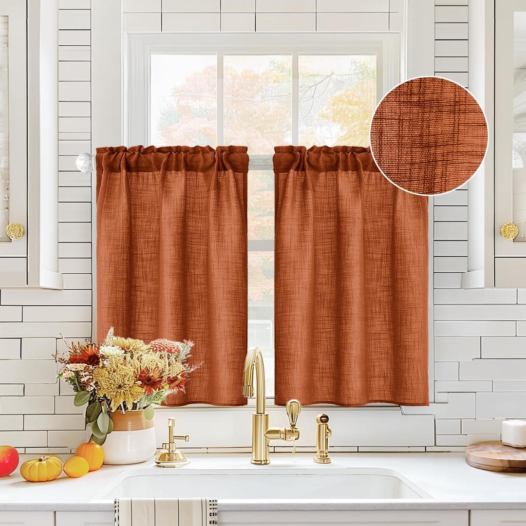 MIULEE Fall Cafe Curtains 36 Inches Long Farmhouse Short Linen Semi Sheer Curtains for Kitchen Bathroom Basement Light Filtering Rod Pocket Half Window Tier Curtains 2 Panels W26XL36, Terracotta