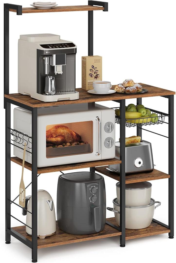 VASAGLE Baker's Rack, Microwave Stand, Kitchen Storage Rack with Wire Basket, 6 Hooks, and Shelves, for Spices, Pots, and Pans, Rustic Brown and Ink Black UKKS35X, 35.4"W x 52.8"H