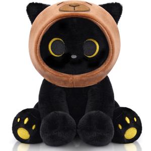 Capybara Plush Stuffed Cat, 8inch Black Cat Plush Wear Capybara Hood, Cute Kitten Plushies Kawaii Huggable Gift for Kids, Boys, Girls, Birthday