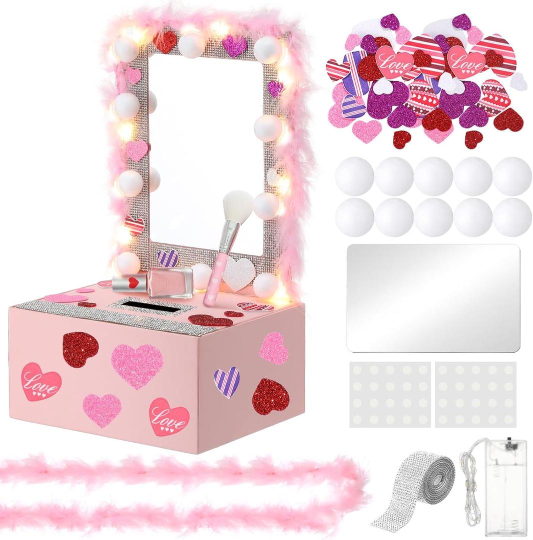 Thyle 38 Pcs Valentines Vanity Box Mailbox DIY Craft Kit Vanity Desk Card Box Making Set Valentines Day Table Mailbox for School Classroom Game Activities Exchange Gift Holiday Party Favor Decoration