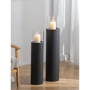 Sziqiqi Tall Floor Candle Holders: 34/27 inch Hurricane Pillar Candleholders Set of 2 for Home Decor - Large Black Cylinder Candle Stand for Outdoor Porch Living Room Fireplace