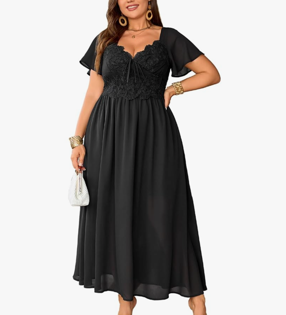 EYWOL Women's Plus Size Lace Maxi Dress Short Sleeve V Neck Flowy Empire Waist Smocked Back Wedding Guest Dress XL