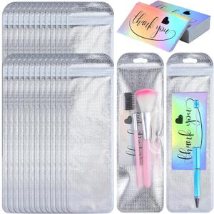 Yeaqee 200 Pcs Resealable Pouch Bags with Thank You Cards 100 Pcs Window Disposable Packaging Pen Bags for Jewelry Food 100 Pcs Holographic Thank You Greeting Cards(8.66 x 2.76 Inch)
