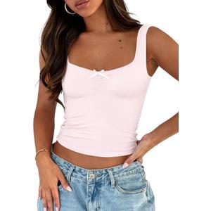 Trendy Queen Summer Tops for Women Going Out Teen Girls Cute Crop Tank Top Y2K Basic Bow Clothes Square Neck 2025 Camisole (Medium, Pink)