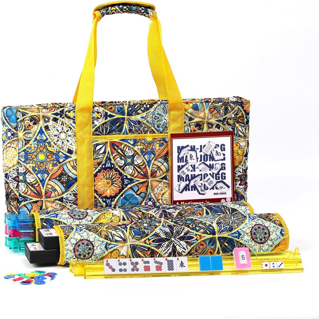 American Mahjong Tile Set with Yellow Printed Carrying Bag, 166 Blue Tiles, 4 All-in-One Color Racks/Pushers, Mah Jongg Sets, Mahjong Game Set for Travel, Christmas, Birthday Gifts