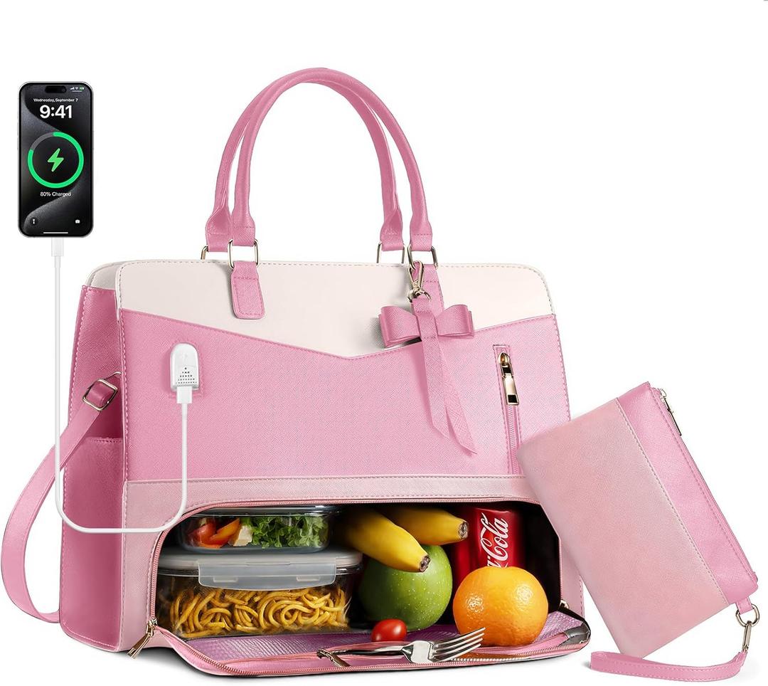 Lunch Tote Bag for Women 2 in 1 Laptop Work Bag with Lunch Insulated Compartment and Purse Combo Waterproof PU Leather 15.6 Inch Computer Shoulder Bag for Daily, Office, Picnic (Mix Pink White)