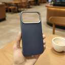 Leather Texture Metal Button Magnetic Magsafe Case for iPhone 16 Pro Max, Navy Blue