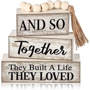 4 Pcs Farmhouse Home Decoration Wooden Tabletop and So Together They Built a Life They Loved Decor Motivational Tiered Tray Decor Rustic Block Sign Retro Bead Garland Table Centerpiece for Shelf Desk