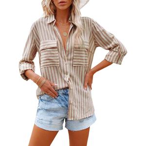 OMSJ Women's Striped Button Down Shirts Casual Long Sleeve Stylish V Neck Blouses Tops with Pockets (Medium, Brown)