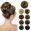 Flufymooz Messy Bun Hair Piece, 100% Real Human Hair Tousled Updo Extension Natural Curly Messy Bun with Elastic Band Hair Bun Hair Piece Ponytail Extensions for WomenMedium Brown with Highlights (1PC)