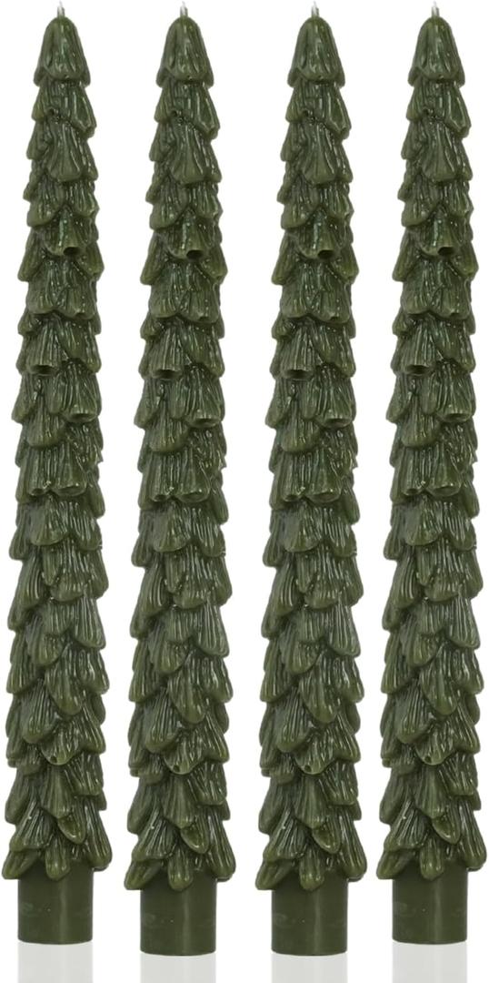 10inch Christmas Tree Taper Candles, Unscented Tree Shaped Olive Candle for Holiday Decor, Party Banquet Centerpiece Decoration, 4pcs