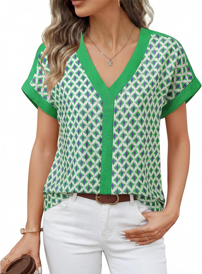 Furnex Womens Summer Tops V Neck Short Sleeve Blouses Dressy Casual Floral Boho Vacation Clothes, L