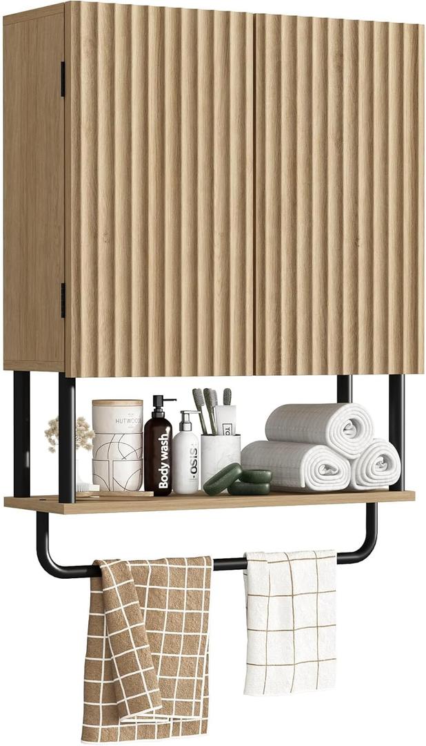 RUSTOWN Fluted Bathroom Wall Cabinet with 2 Doors, 3-Tier Modern Farmhouse Medicine Cabinet, Over The Toilet Storage Cabinet with Adjustable Shelf and Towel Bar (Natural, Medium)