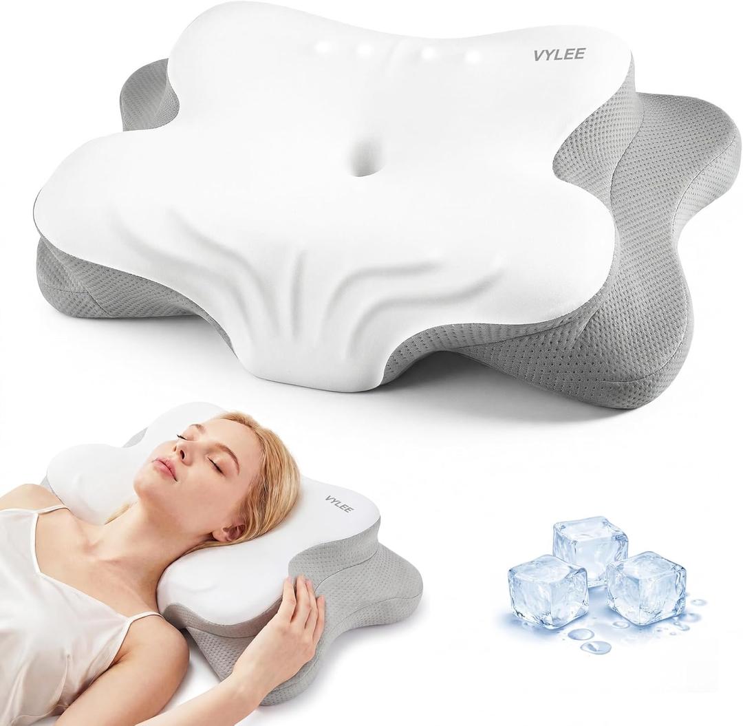 VYLEE Cervical Neck Pillow for Pain Relief, Ergonomic Memory Foam Pillow for Neck Support, Cooling Contour Orthopedic Pillow for Side, Back & Stomach Sleepers