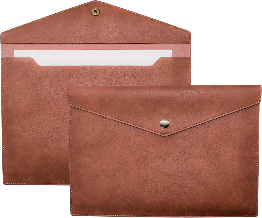 VANRA 1 Piece PU Leather File Folders A4 Document Holder File Envelope Waterproof Portfolio Filing File Organizer for Letter Size with Snap Button Closure, Brown