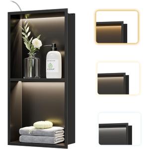 2-Tier Recessed LED Shower Niche,12"X24" Bathroom Wall Niche, with 3-Temperature LED Strip Light 4000K/6000K/3000K, Waterproof No Tile Need Stainless Steel Wall Cabinet(Matte Black)