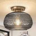 Semi Flush Mount Ceiling Light Fixture, 11" Vintage Gold Hallway Lights Fixture Ceiling with Grey Glass for Kitchen, Hallway, Bathroom and Entry Way,Compatible with E26 Light Bulb