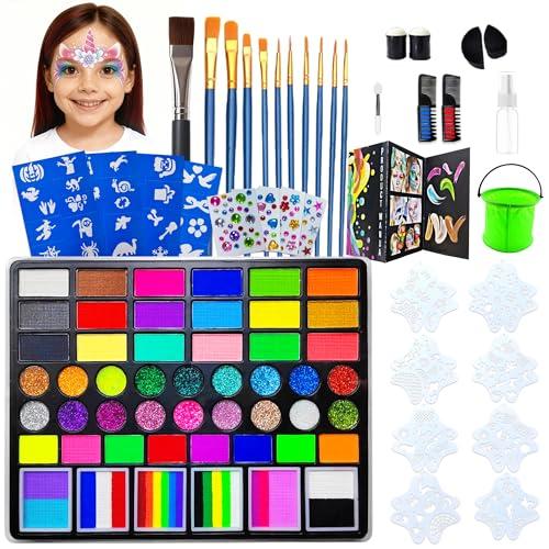 CORALMEE Face Painting Kit for Kids, 50 Colors Water Activated Face Paint Kit, Non-Toxic Professional Makeup Palette with Stencils, Gems, Brushes, Hair Dye Comb & Bucket for Kids Parties & Christmas