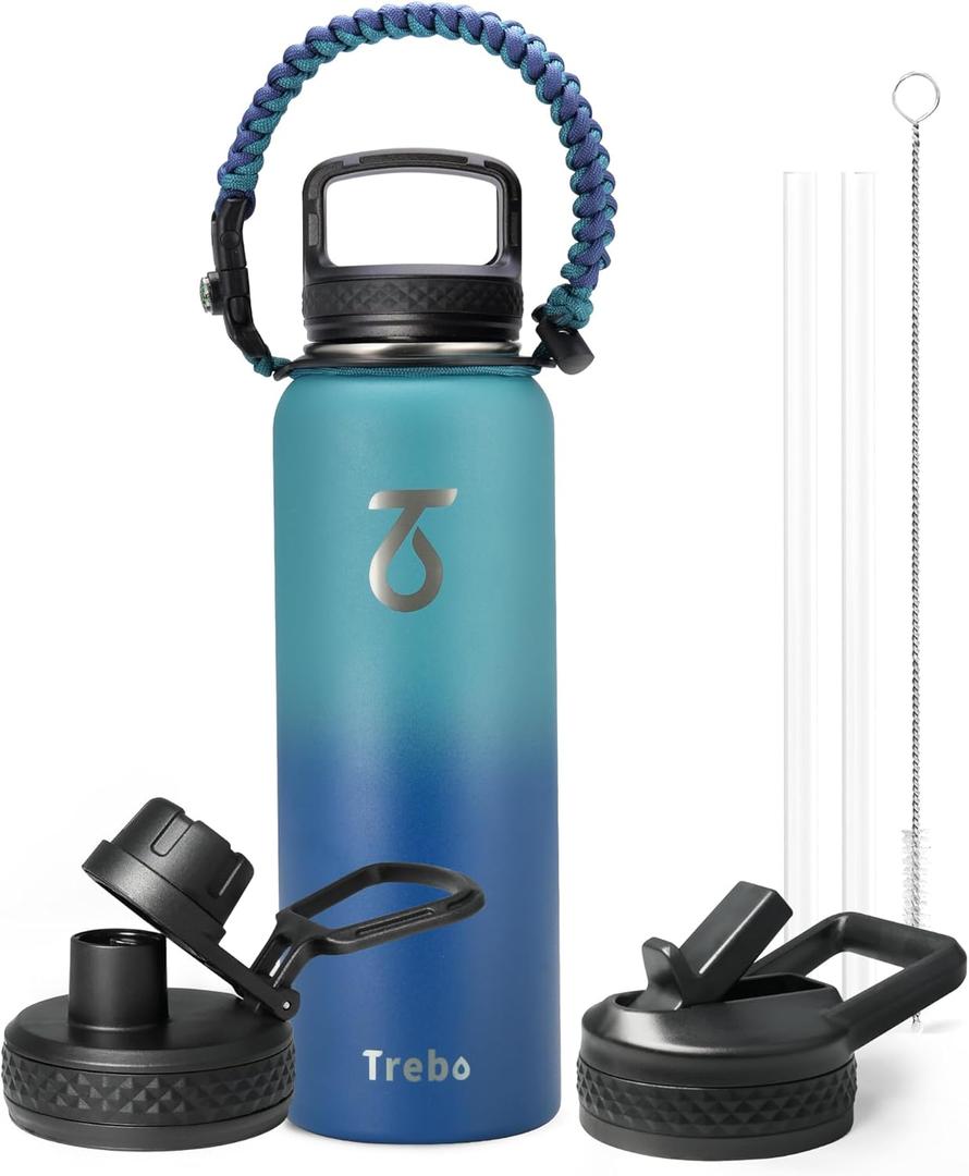 Trebo 40oz Water Bottle Insulated with Lid and Straw,Double Wall Vacuum Stainless Steel Tumbler Sports Flask with Paracord Handle, Keep Hot 24 Hours & Cold 48 Hours Water Jug with 3 Lids, Cyan Blue Trebo 40oz Water Bottle Insulated with Lid and Straw,Double Wall Vacuum Stainless Steel Tumbler Sports Flask with Paracord Handle, Keep Hot 24 Hours & Cold 48 Hours Water Jug with 3 Lids, Cyan Blue