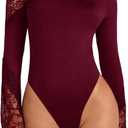 WDIRARA Women's Lace One Shoulder Long Sleeve Bodysuit Dressy Off The Shoulder Leotard Tops (Burgundy, S)