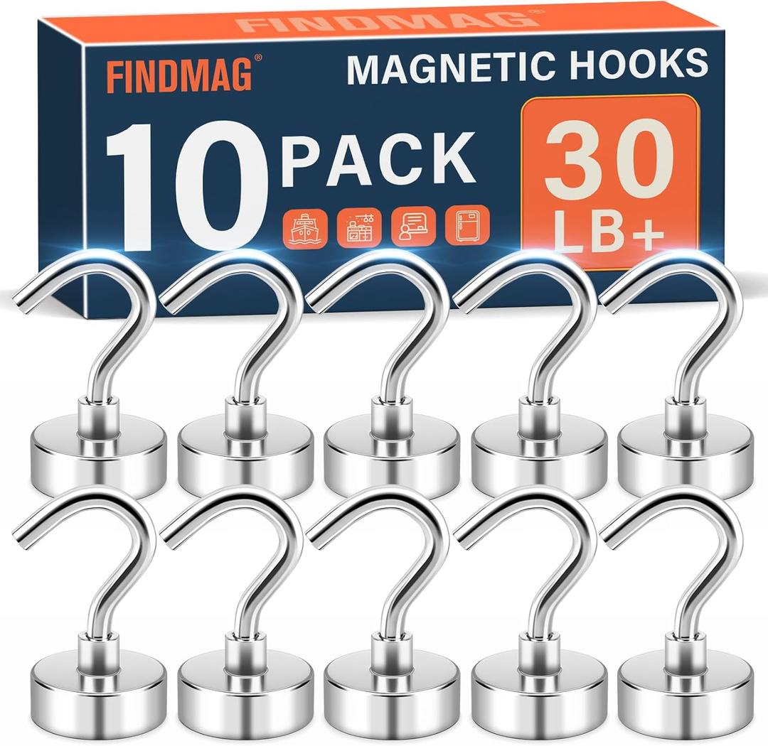 FINDMAG Magnetic Hooks, 30lbs Magnet Hooks Cruise Cabin Ship Essentials 2026, Rare Earth Magnets with Hooks, N52 Magnetic Hooks for Hanging, Home, Kitchen, Office (10 Pack, Silver) (0.63 inches)