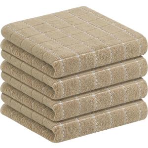 Homaxy 100% Cotton Terry Kitchen Towels(Tan, 13 x 28 inches), Checkered Designed, Soft and Super Absorbent Dish Towels, 4 Pack