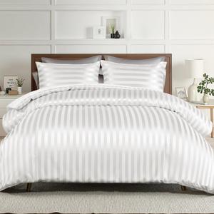 Whale Flotilla 3-Piece Reversible Silky Soft Queen Comforter Set, Luxury Stripe Satin Comforters Full Size Bedding Set with 2 Satin Pillowcases, Lightweight Duvet for All Seasons, White