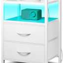 Night Stand Bedside Table Bedroom - White Nightstand with Charging Station & LED Light Strip, Morden Bed Side End Table with Storage Shelf & 2 Fabric Drawers, U-S-B Ports & AC Outlets